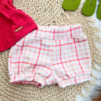 Conj. Batinha em Lese e Short Xadrez - Cereja